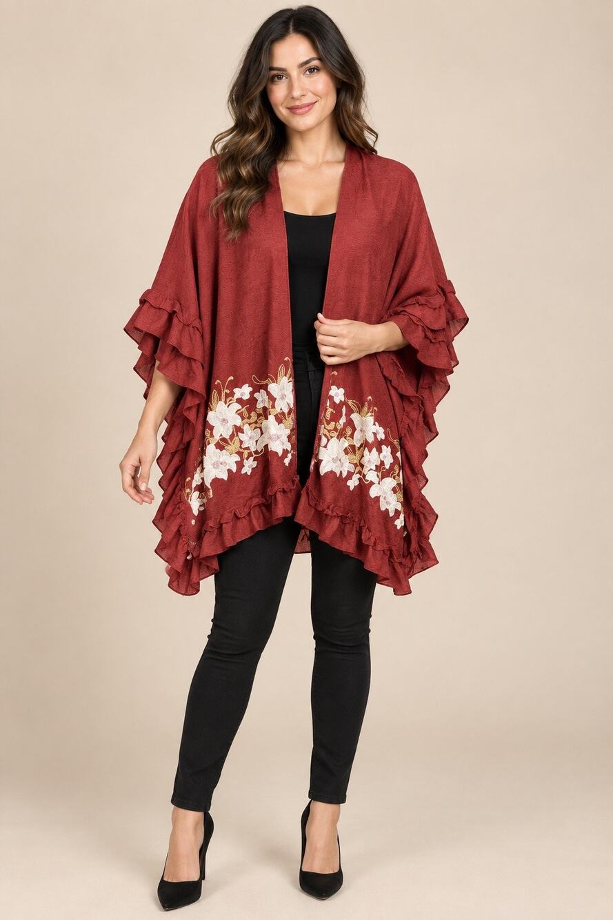 Style Cornerstone NWT Burgundy Floral Embroidered Ruffle Kimono Cardigan
